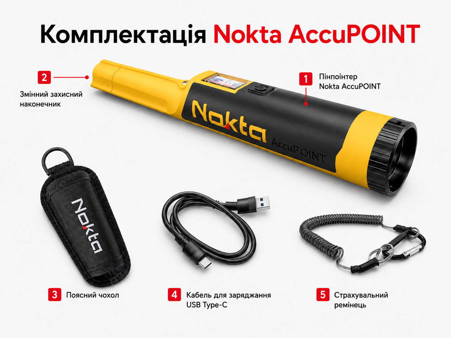 Комплектация пинпоинтера Nokta AccuPOINT Комплектация Nokta AccuPOINT — пинпоинтер, сменный защитный наконечник, поясной чехол, кабель USB Type-C и страховочный ремешок